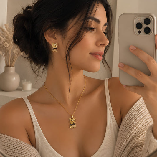 Yorkshire Terrier Necklace & Earrings Set – Crystal Pavé Dog Pendant Jewelry, Gold Memorial Gift for Dog Lovers .