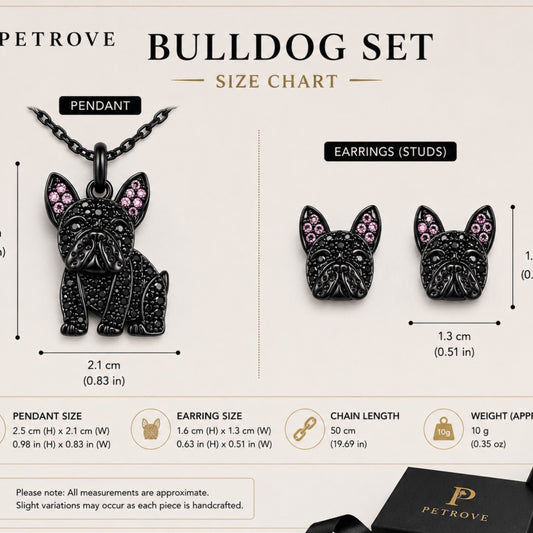 Midnight Frenchie – Black Crystal Pavé French Bulldog Necklace & Earring Set.