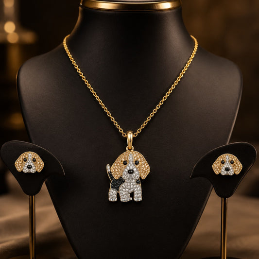 Beagle Crystal Pendant Necklace & Earring Set – Gold Dog Jewelry Gift