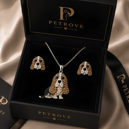 Basset Hound Necklace & Earring Set | Crystal Pavé Dog Jewelry | Pet Rove