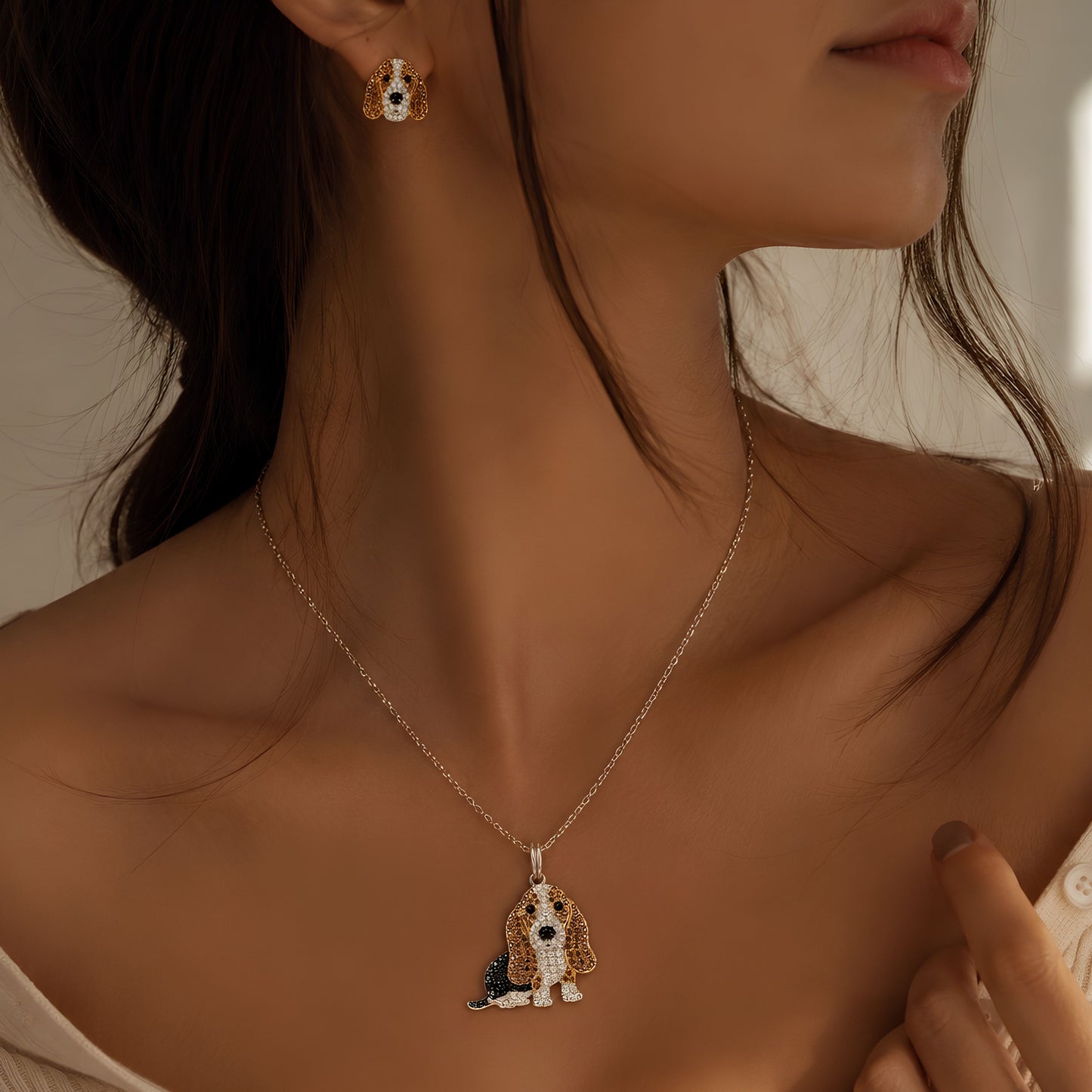 Basset Hound Necklace & Earrings Set – Crystal Pavé Dog Pendant Jewelry, Silver Memorial Gift for Dog Lovers