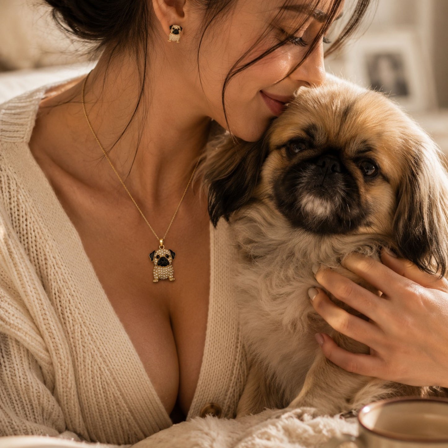 Pug Crystal Pendant Necklace & Earring Set – Gold Dog Jewelry Gift