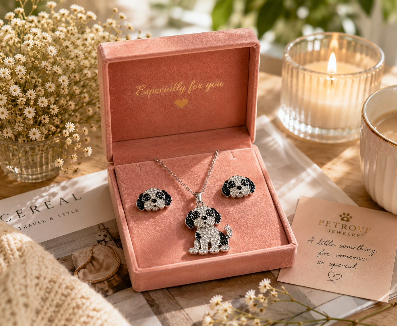 Shih Tzu Necklace & Earrings Set – Crystal Pavé Dog Pendant Jewelry, Silver Memorial Gift for Dog Lovers