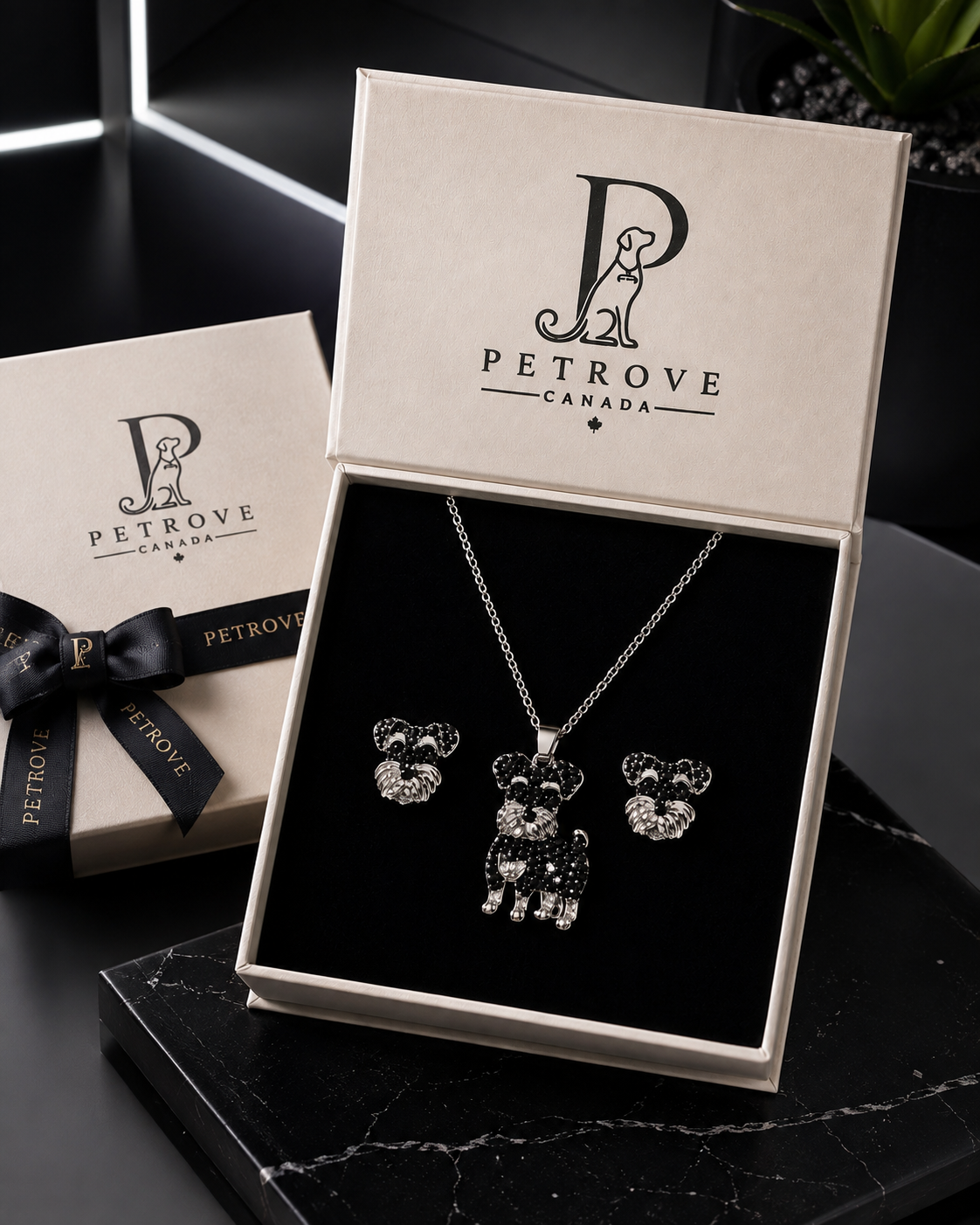 Schnauzer Necklace & Earring Set — Black Pavé Crystal Silver Memorial Jewelry | Pet Rove Canada
