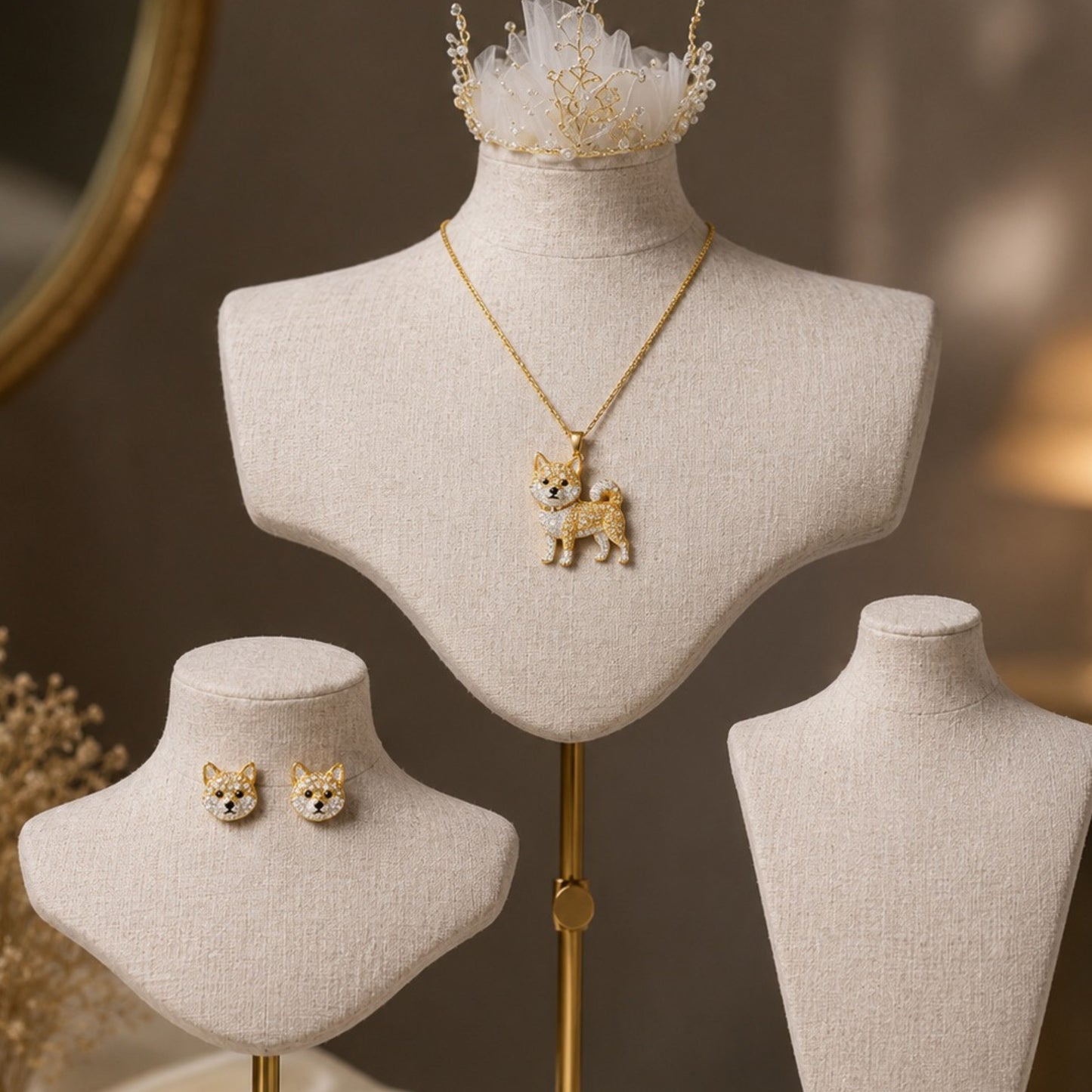 Shiba Inu Necklace & Earrings Set – Crystal Pavé Dog Pendant Jewelry, Gold Memorial Gift for Dog Lovers | Pet Rove