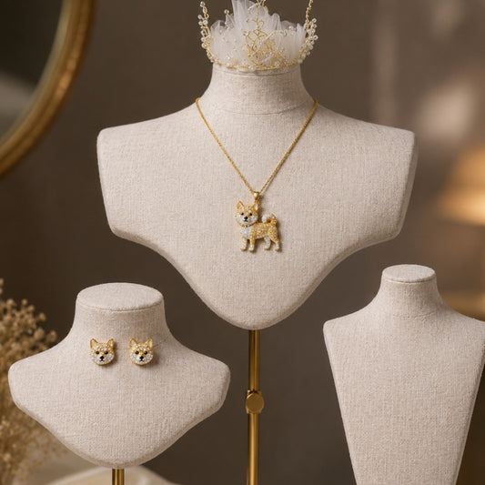 Shiba Inu Necklace & Earrings Set – Crystal Pavé Dog Pendant Jewelry, Gold Memorial Gift for Dog Lovers | Pet Rove