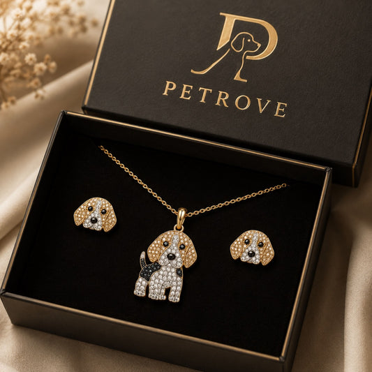 Beagle Crystal Pendant Necklace & Earring Set – Gold Dog Jewelry Gift