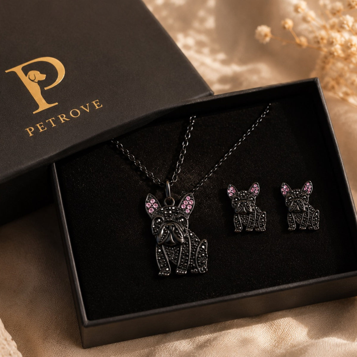 Midnight Frenchie – Black Crystal Pavé French Bulldog Necklace & Earring Set.