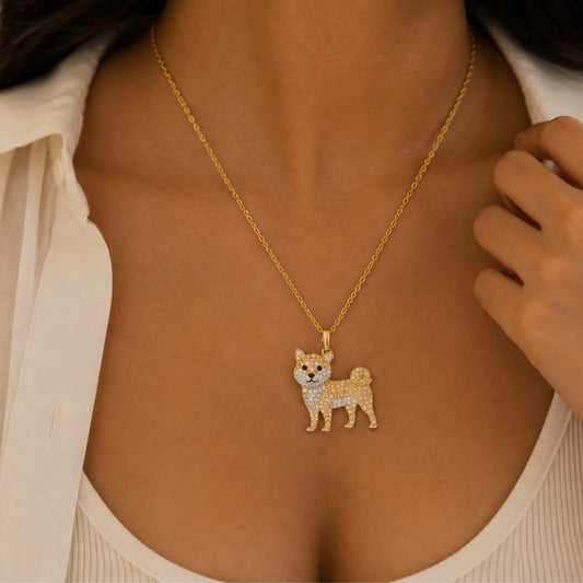 Shiba Inu Necklace & Earrings Set – Crystal Pavé Dog Pendant Jewelry, Gold Memorial Gift for Dog Lovers | Pet Rove