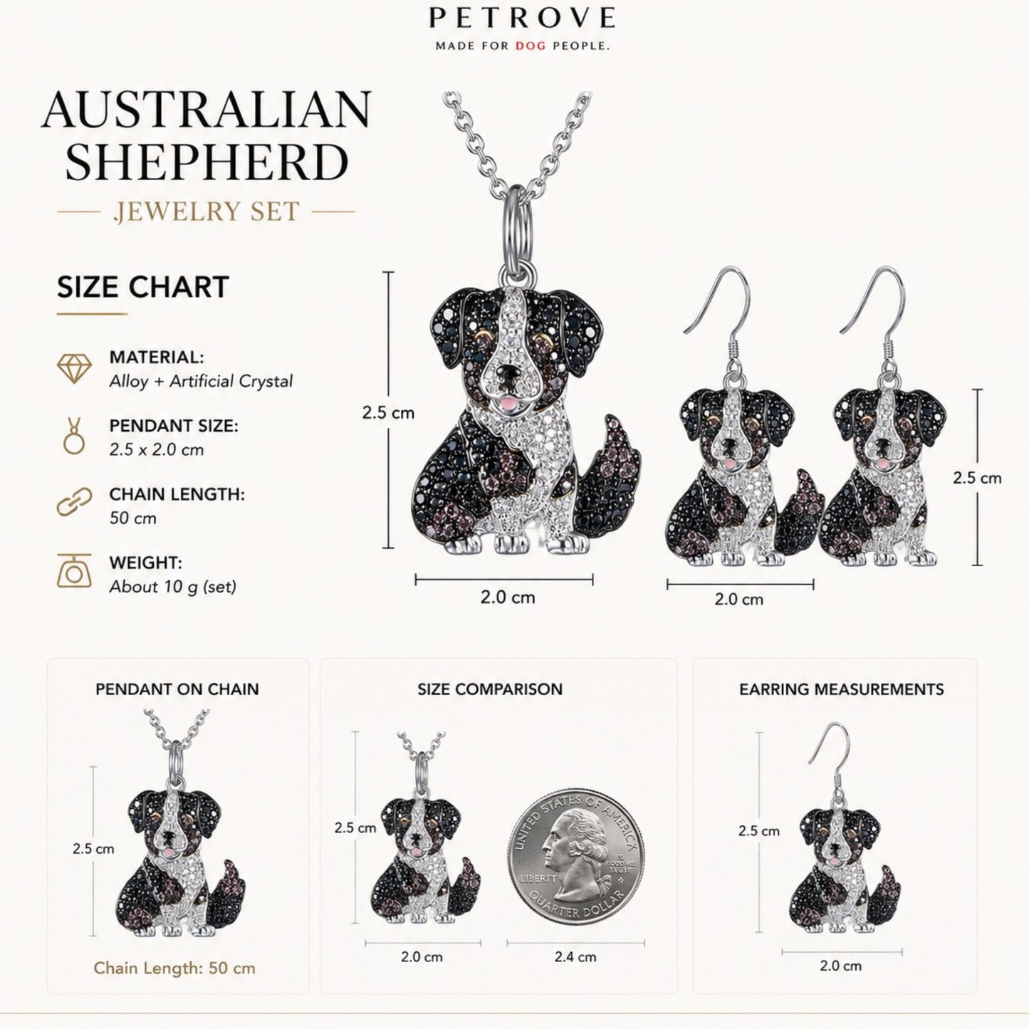 Australian Shepherd Necklace & Earrings Set – Crystal Pavé Puppy Pendant Jewelry, Silver Memorial Gift for Dog Lovers.