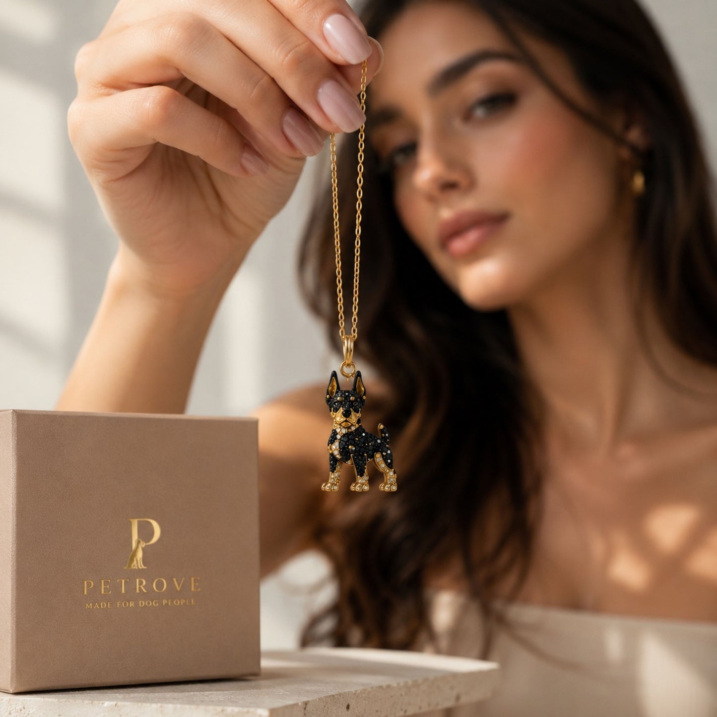 Doberman Necklace & Earrings Set – Crystal Pavé Dog Pendant Jewelry, Gold Memorial Gift for Dog Lovers