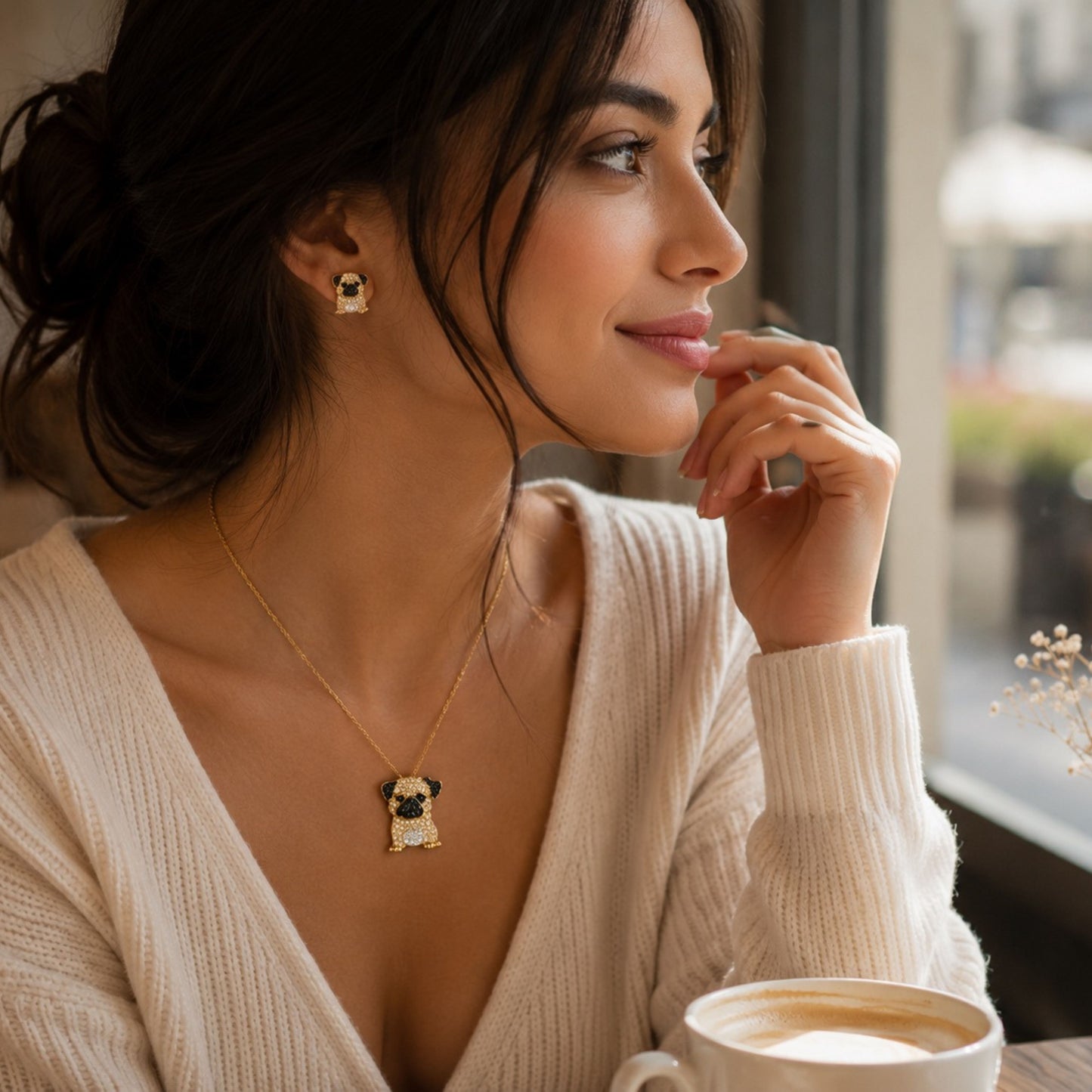Pug Crystal Pendant Necklace & Earring Set – Gold Dog Jewelry Gift