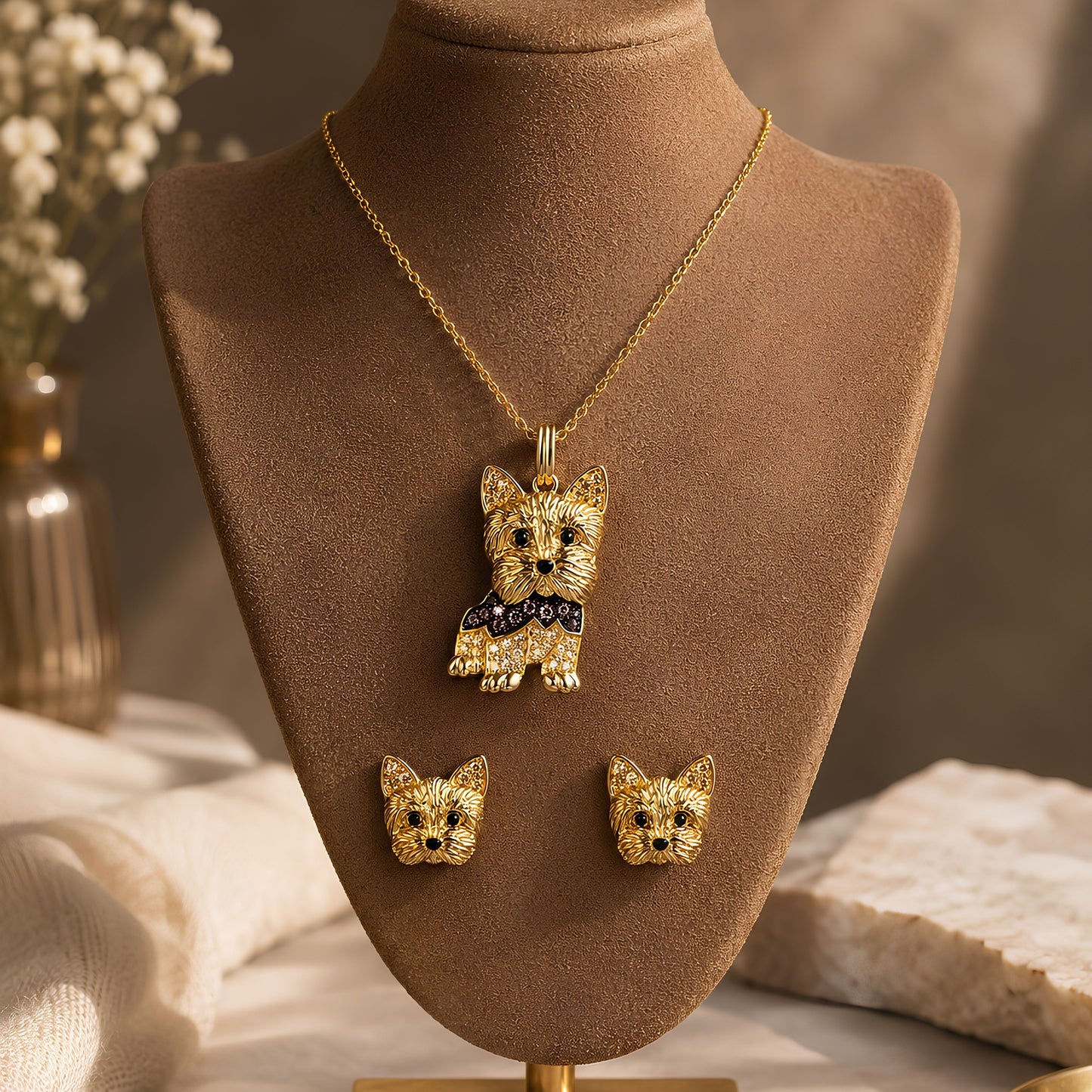 Yorkshire Terrier Necklace & Earrings Set – Crystal Pavé Dog Pendant Jewelry, Gold Memorial Gift for Dog Lovers .