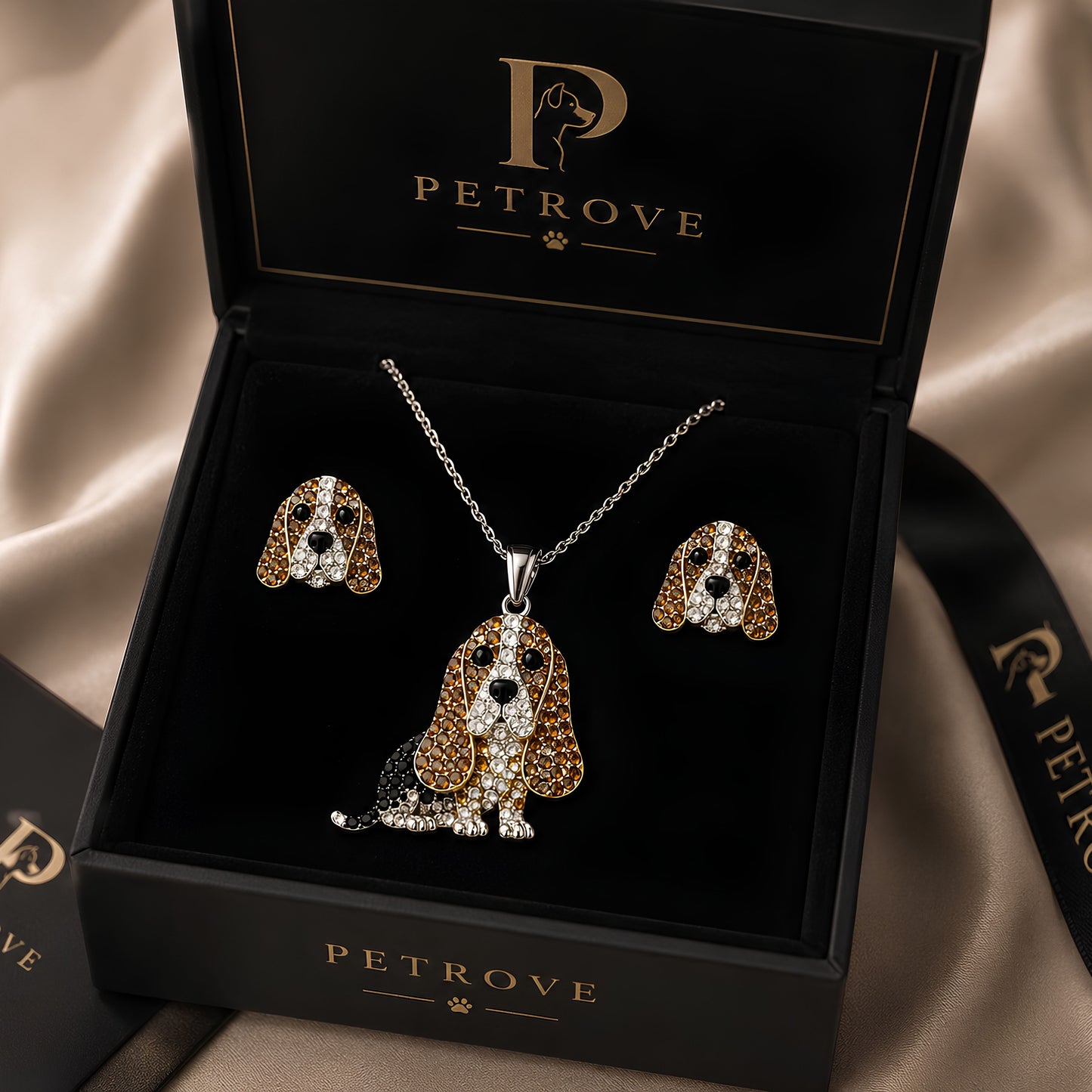 Basset Hound Necklace &amp; Earrings Set – Crystal Pavé Dog Pendant Jewelry, Silver Memorial Gift for Dog Lovers