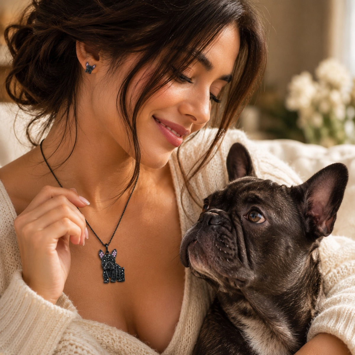 Midnight Frenchie – Black Crystal Pavé French Bulldog Necklace & Earring Set.