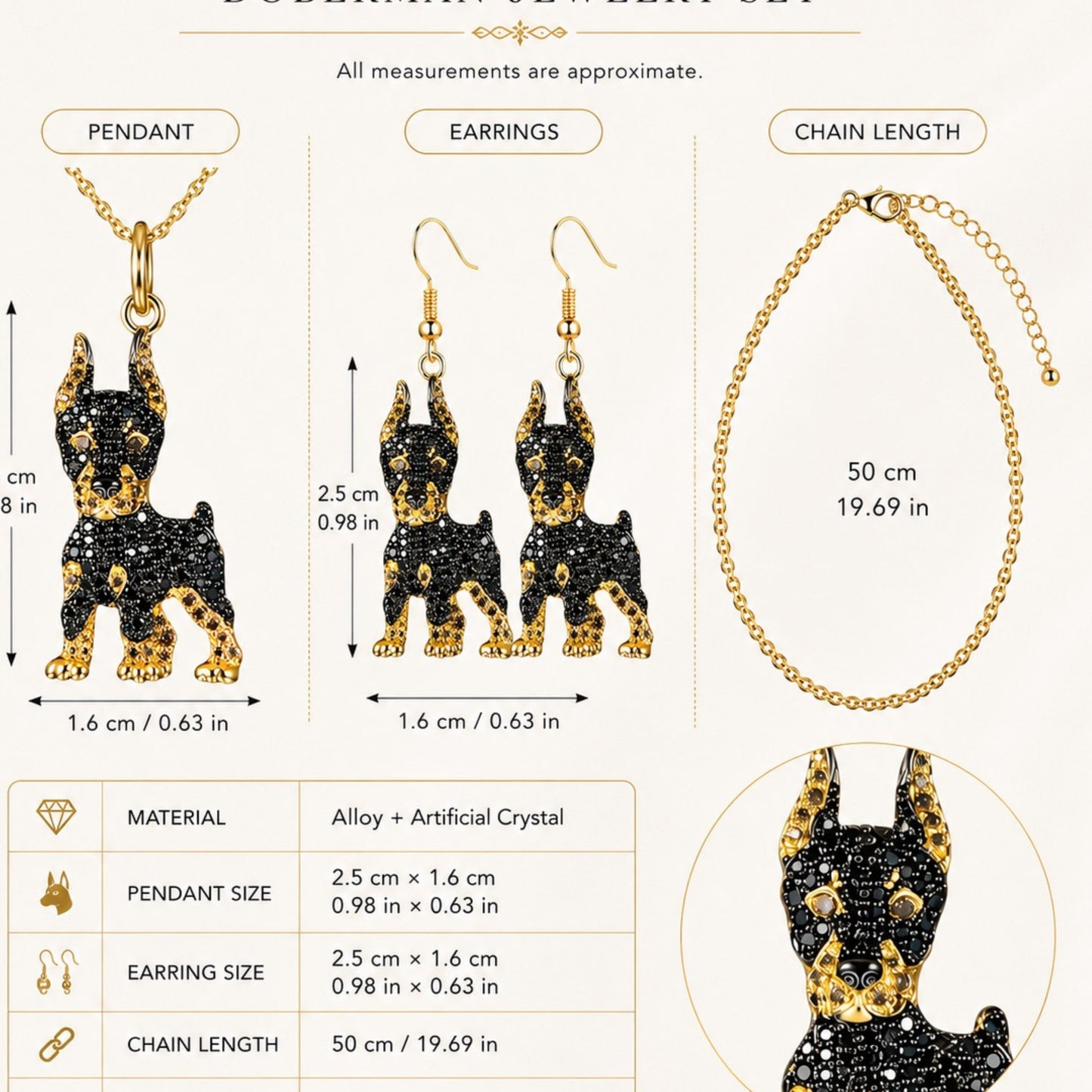 Doberman Necklace & Earrings Set – Crystal Pavé Dog Pendant Jewelry, Gold Memorial Gift for Dog Lovers