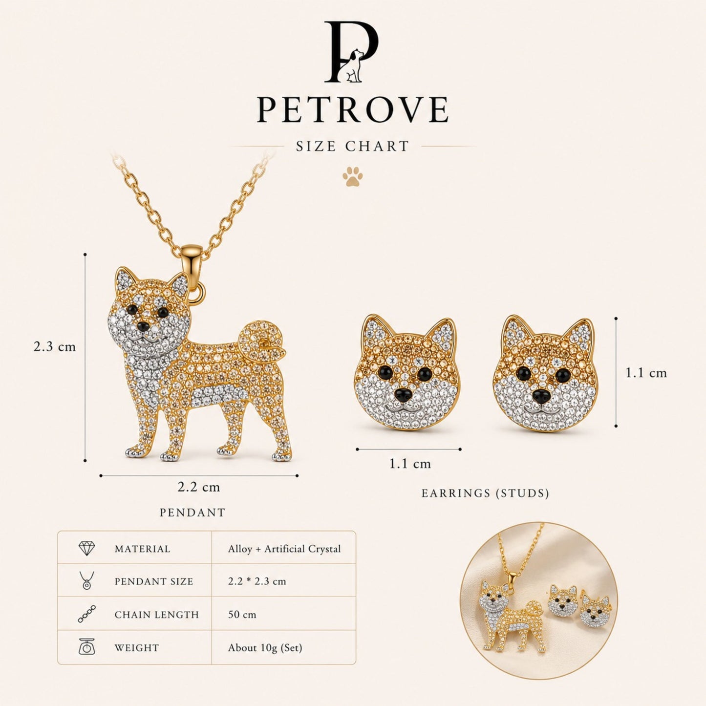 Shiba Inu Necklace & Earrings Set – Crystal Pavé Dog Pendant Jewelry, Gold Memorial Gift for Dog Lovers | Pet Rove