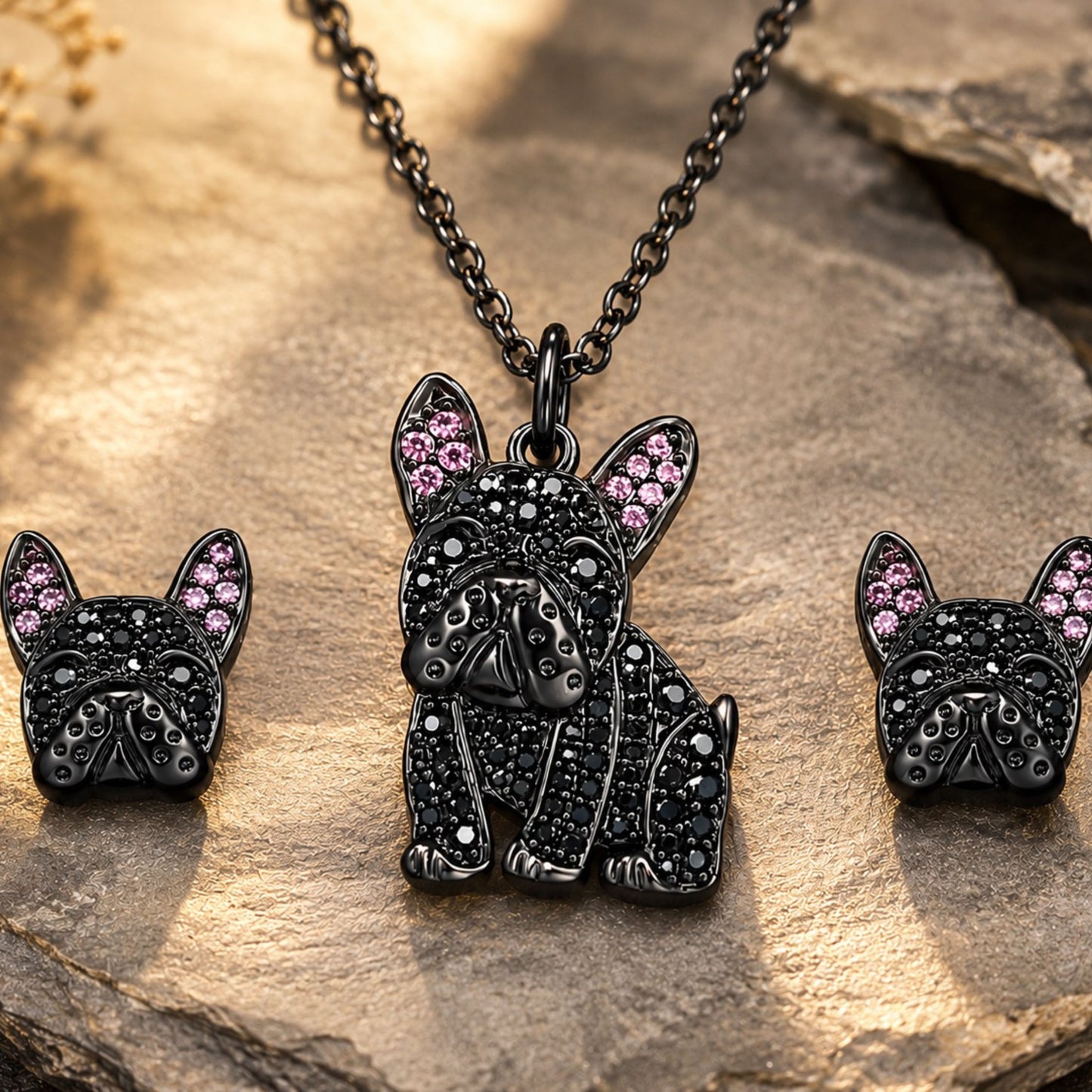 Midnight Frenchie – Black Crystal Pavé French Bulldog Necklace & Earring Set.