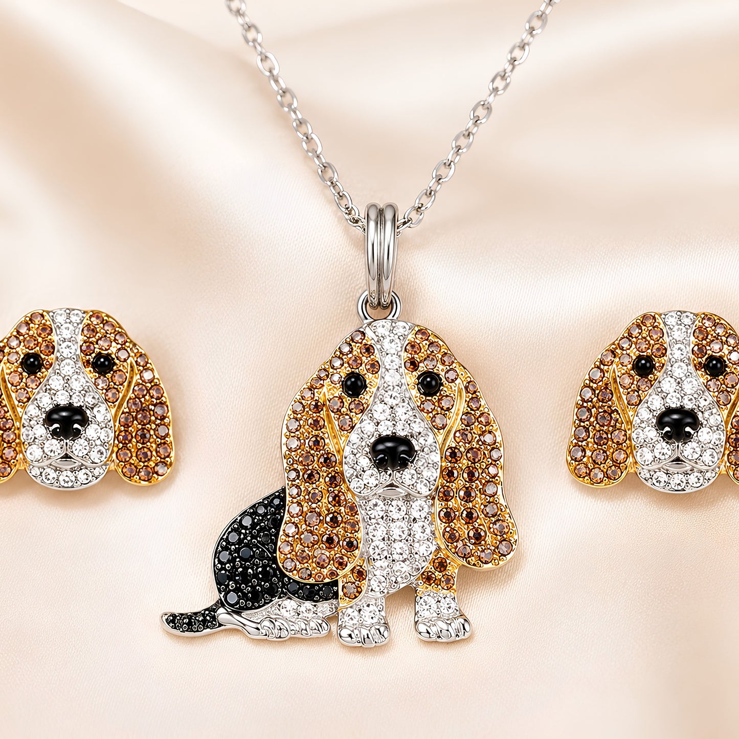 Basset Hound Necklace &amp; Earrings Set – Crystal Pavé Dog Pendant Jewelry, Silver Memorial Gift for Dog Lovers