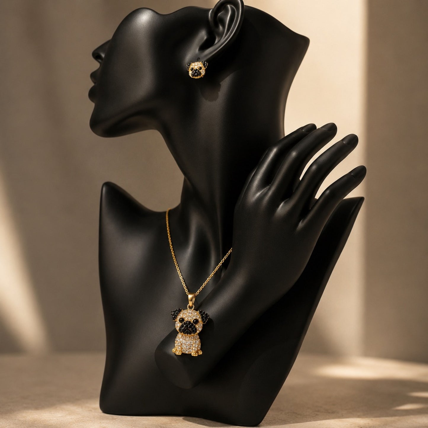 Pug Crystal Pendant Necklace & Earring Set – Gold Dog Jewelry Gift