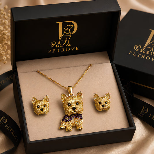 Yorkshire Terrier Necklace & Earrings Set – Crystal Pavé Dog Pendant Jewelry, Gold Memorial Gift for Dog Lovers .