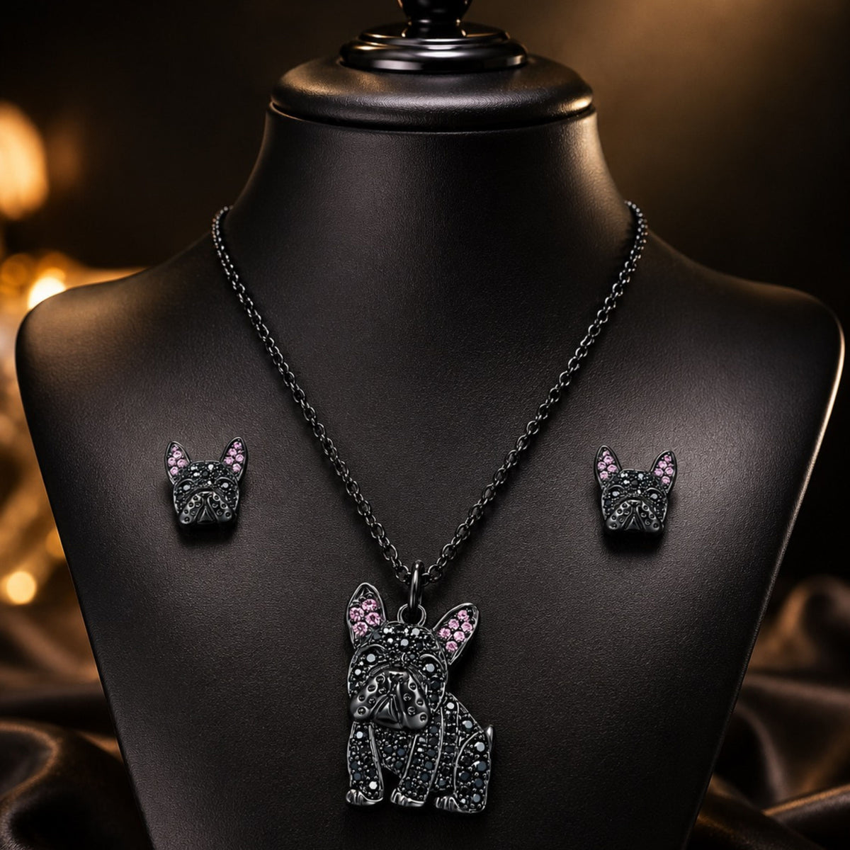 Midnight Frenchie – Black Crystal Pavé French Bulldog Necklace & Earring Set.