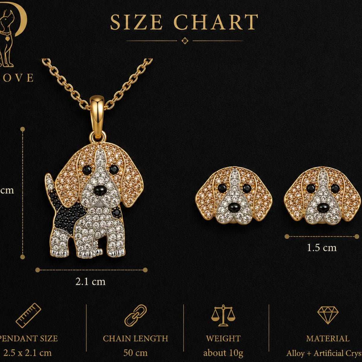 Beagle Crystal Pendant Necklace & Earring Set – Gold Dog Jewelry Gift