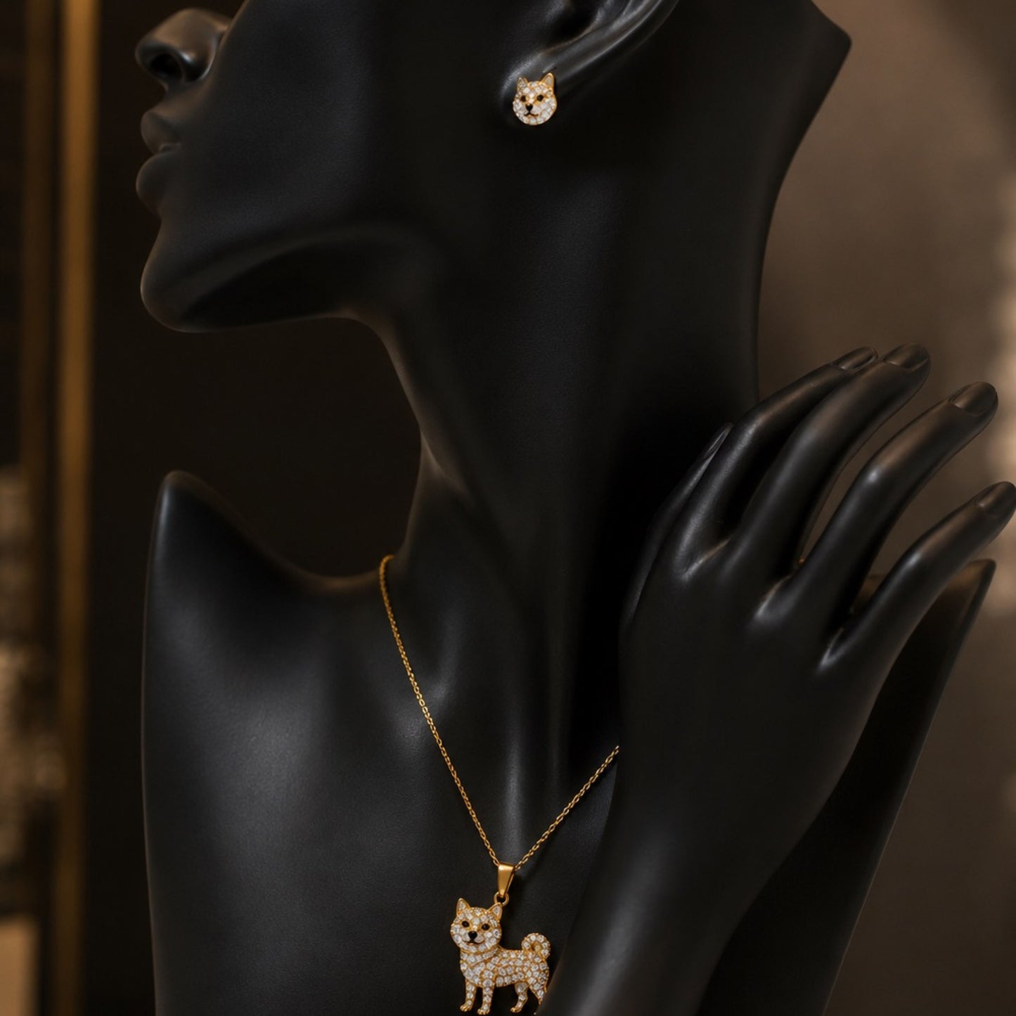 Shiba Inu Necklace & Earrings Set – Crystal Pavé Dog Pendant Jewelry, Gold Memorial Gift for Dog Lovers | Pet Rove
