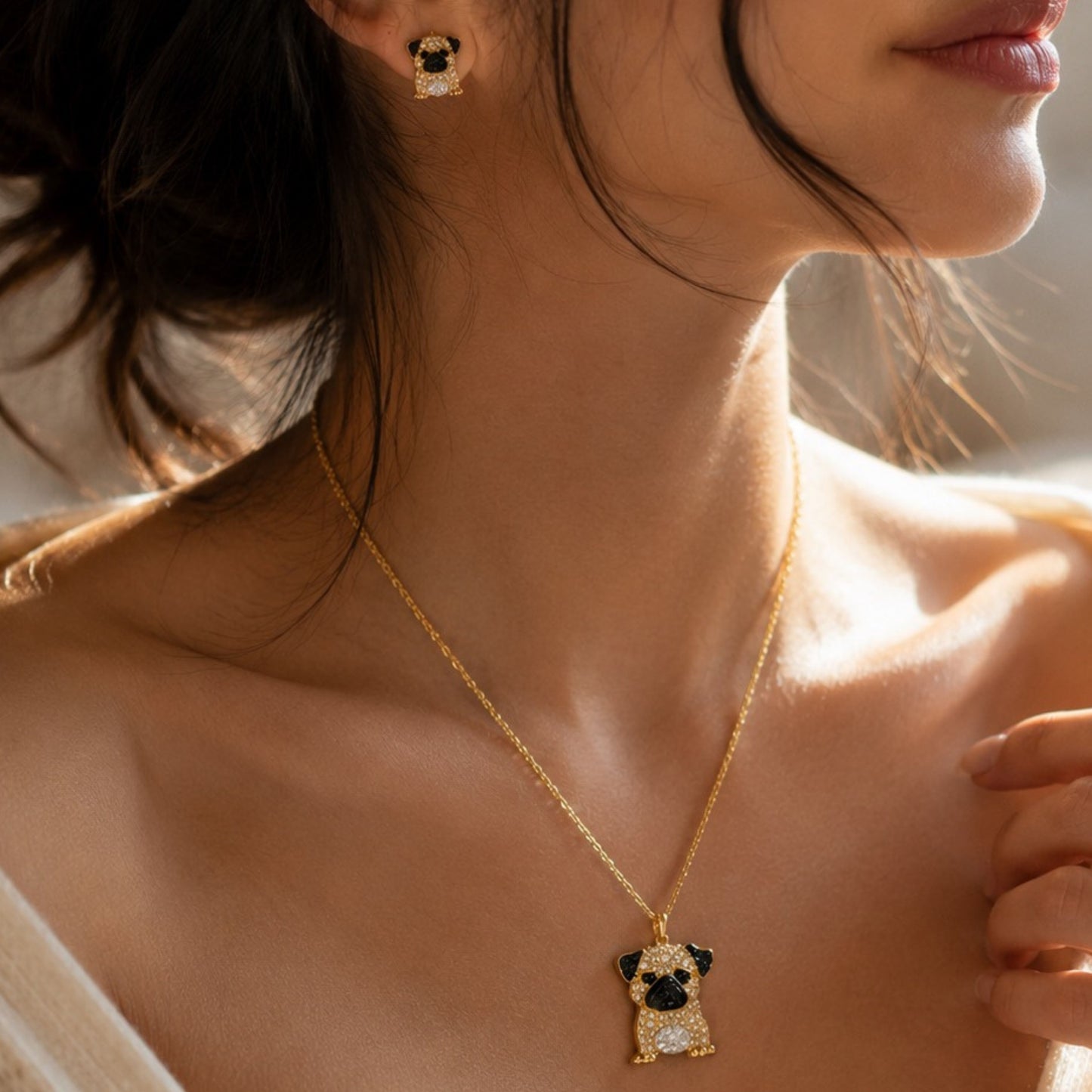 Pug Crystal Pendant Necklace & Earring Set – Gold Dog Jewelry Gift