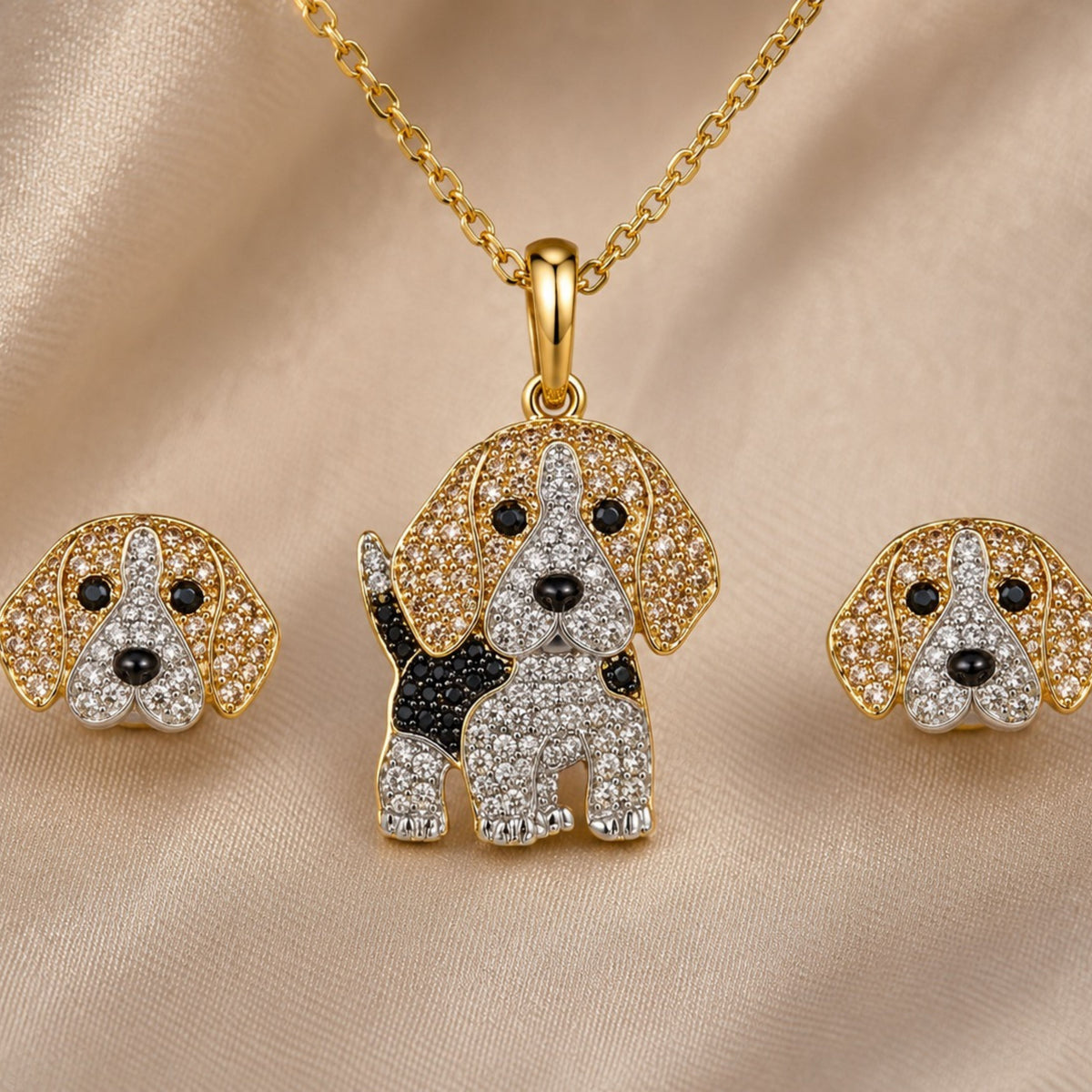 Beagle Crystal Pendant Necklace & Earring Set – Gold Dog Jewelry Gift