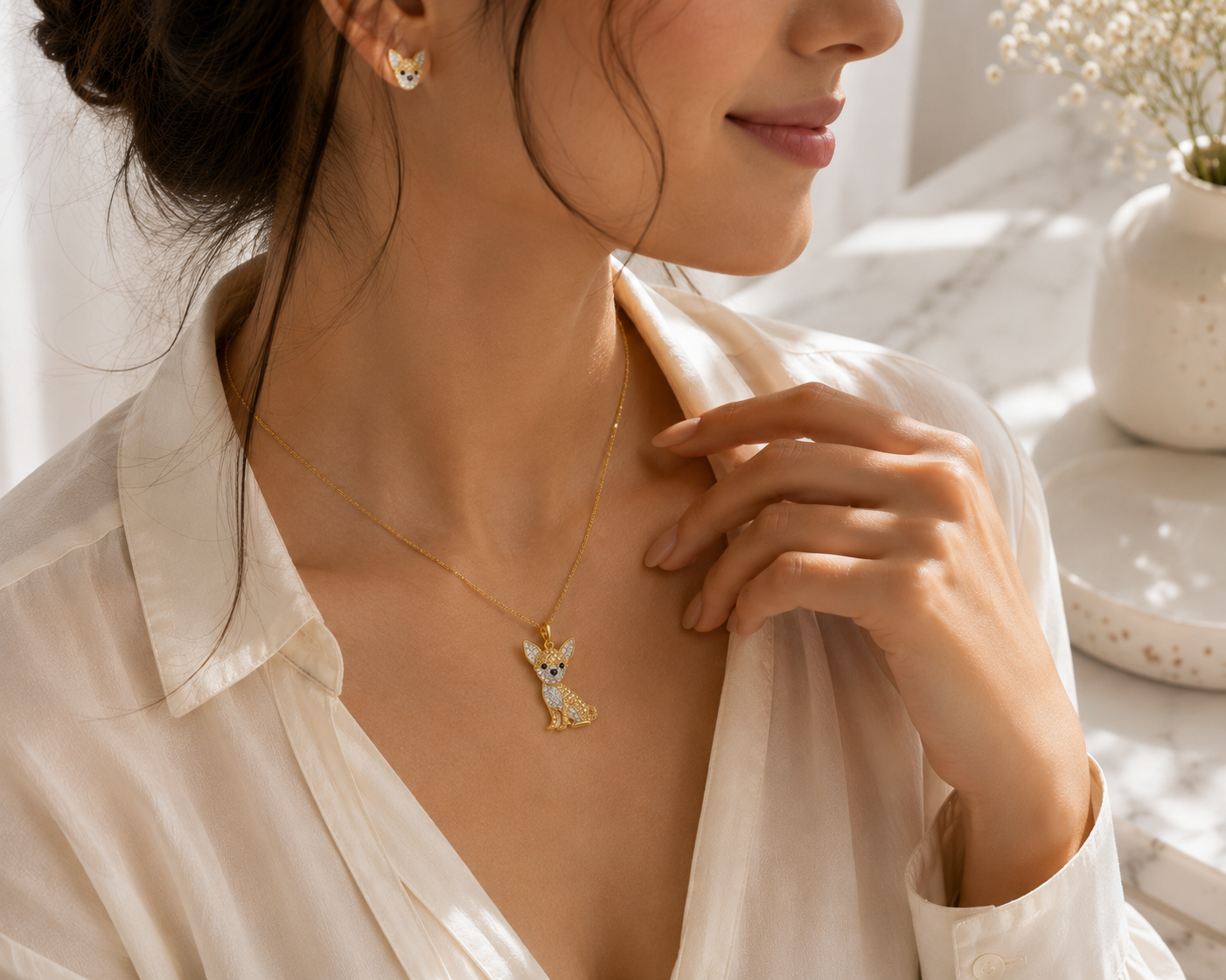 Chihuahua Necklace & Earrings Set – Crystal Pavé Dog Pendant Jewelry, Gold Memorial Gift for Dog Lovers |
