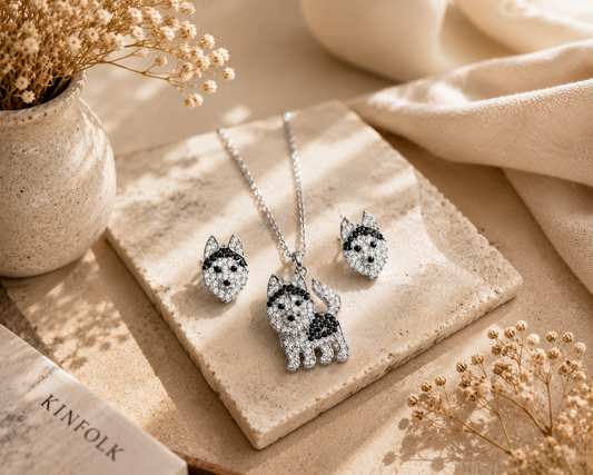 Husky Necklace & Earring Set | Crystal Pavé Dog Memorial Jewelry | Pet Rove