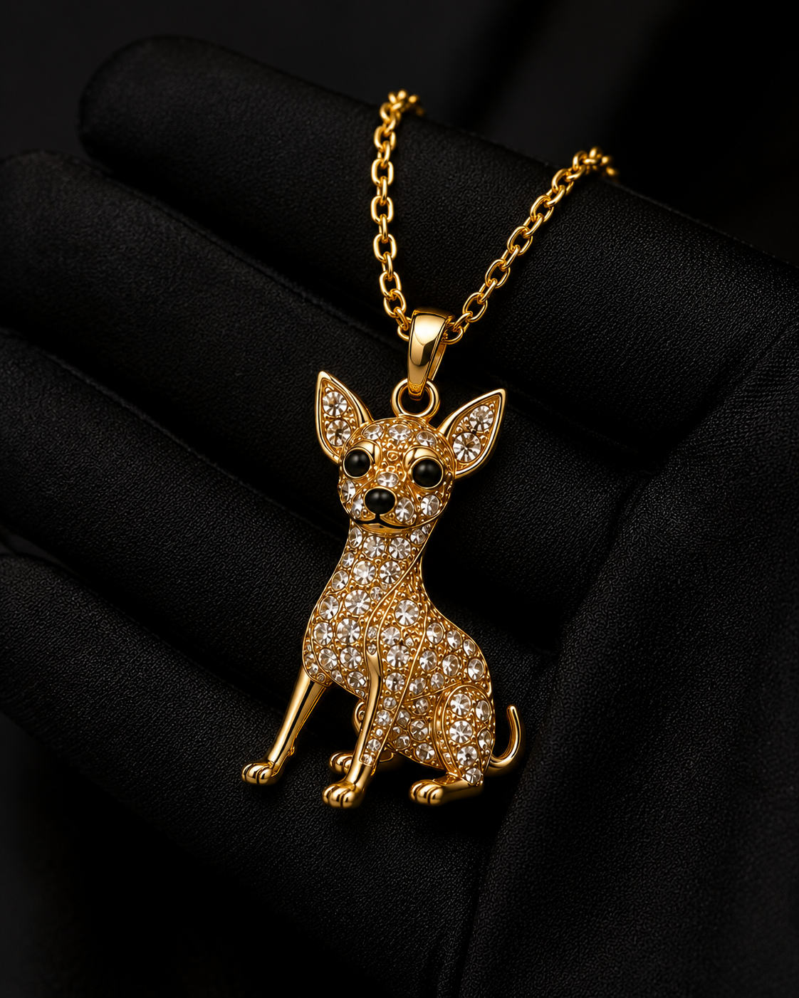 Miniature Pinscher Pendant Necklace — Gold Crystal Pavé Dog Jewelry
