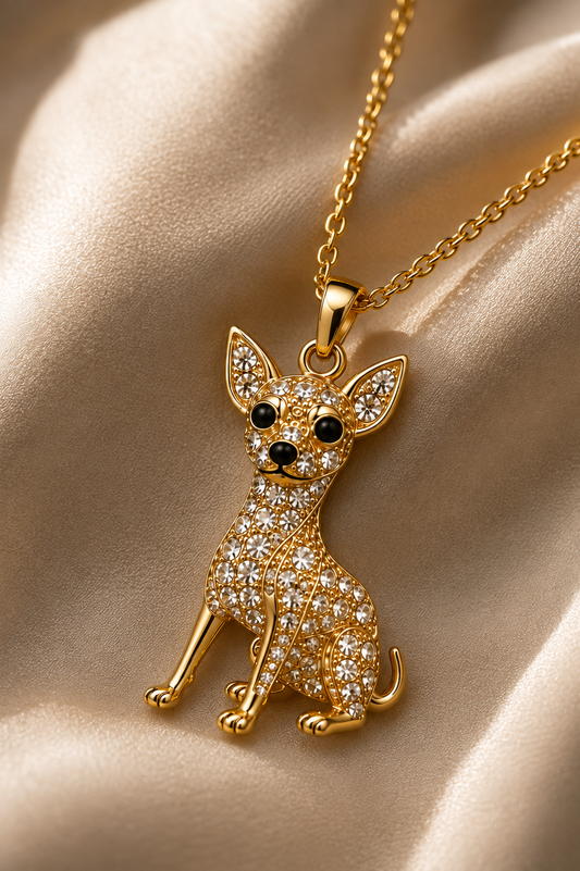 Miniature Pinscher Pendant Necklace — Gold Crystal Pavé Dog Jewelry