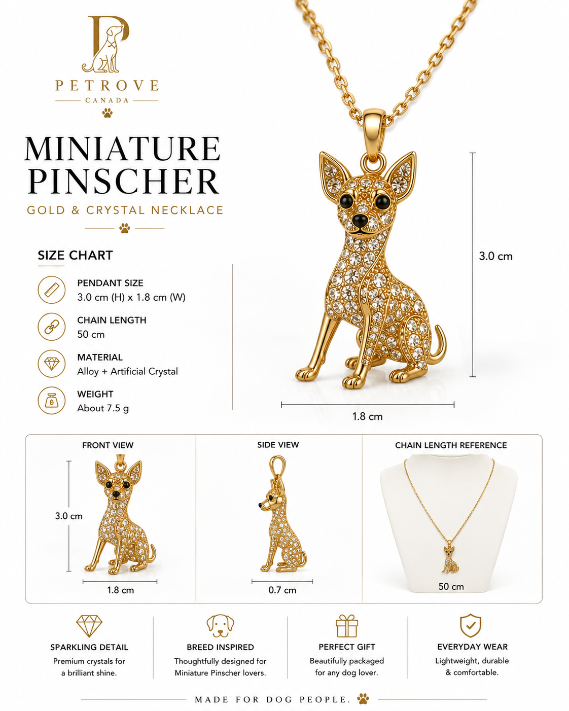 Miniature Pinscher Pendant Necklace — Gold Crystal Pavé Dog Jewelry