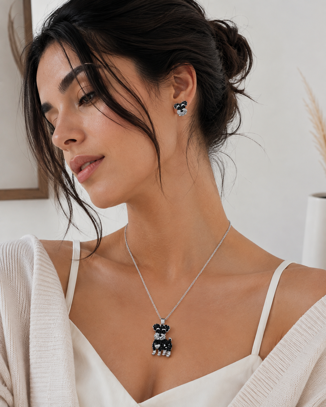 Schnauzer Necklace & Earring Set — Black Pavé Crystal Silver Memorial Jewelry | Pet Rove Canada