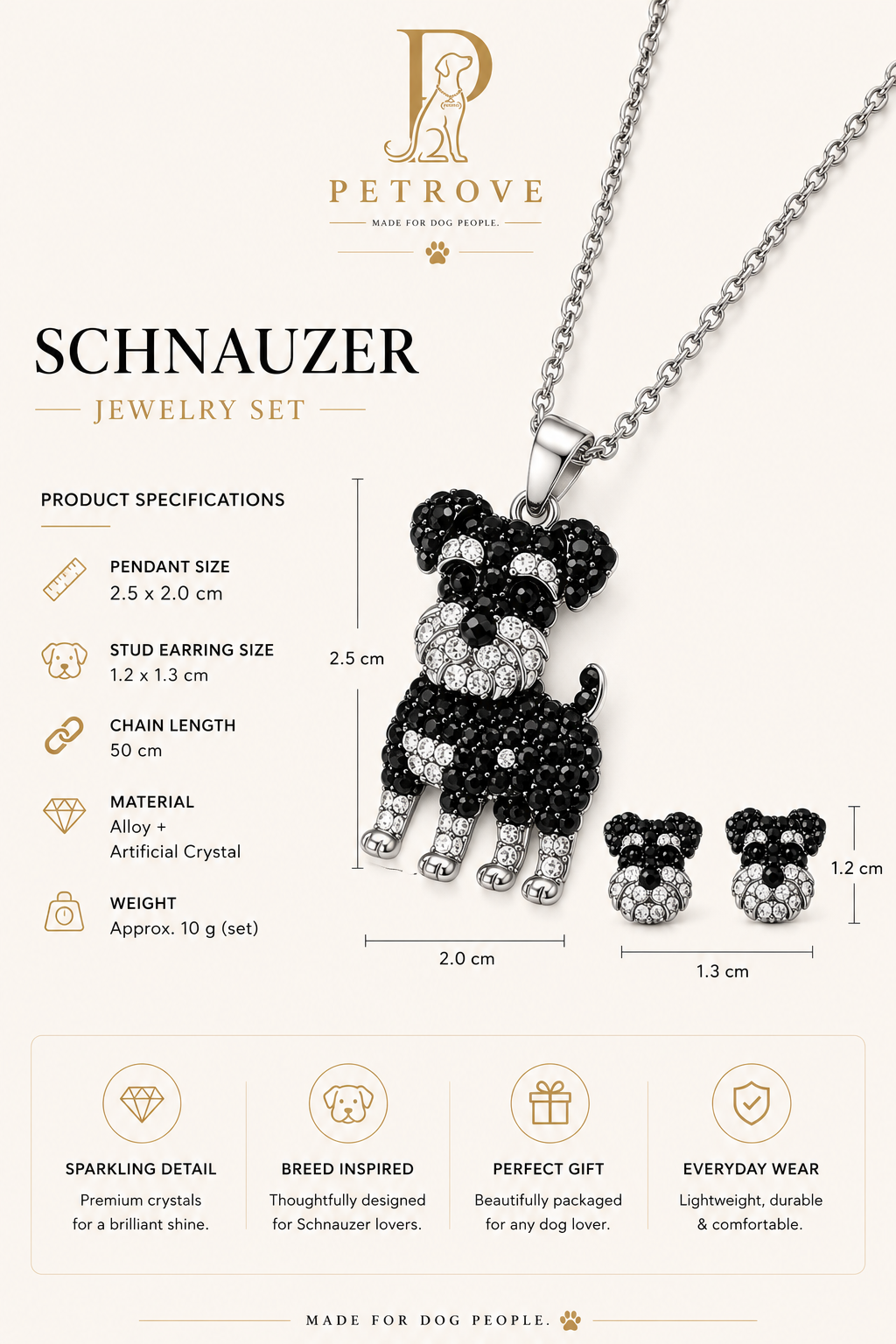 Schnauzer Necklace & Earring Set — Black Pavé Crystal Silver Memorial Jewelry | Pet Rove Canada