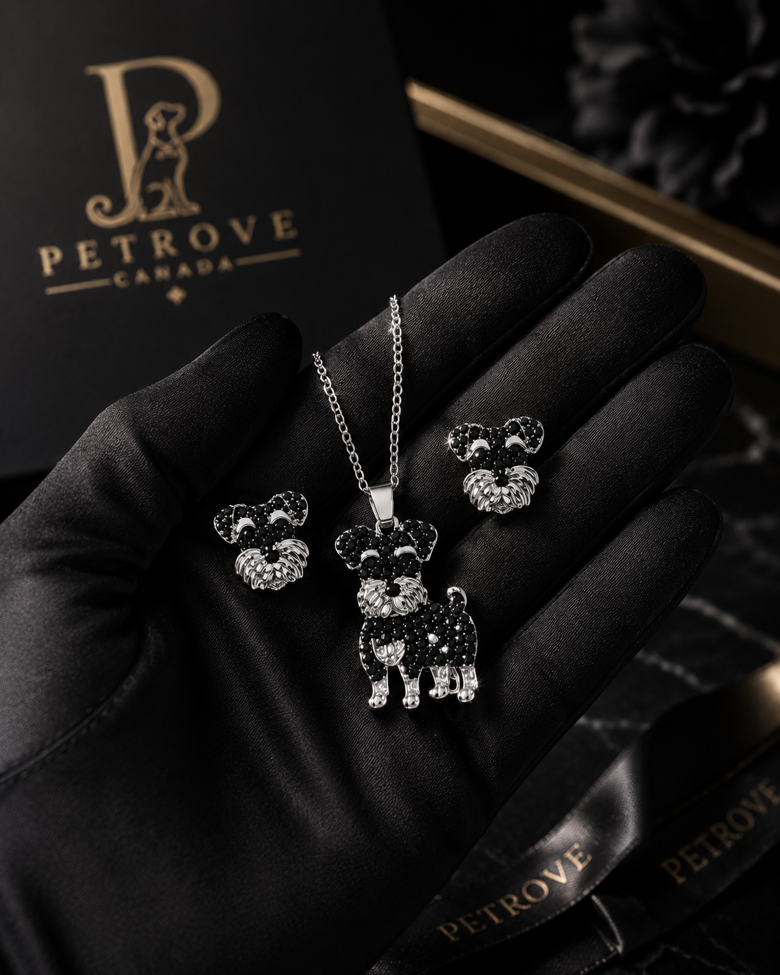 Schnauzer Necklace & Earring Set — Black Pavé Crystal Silver Memorial Jewelry | Pet Rove Canada