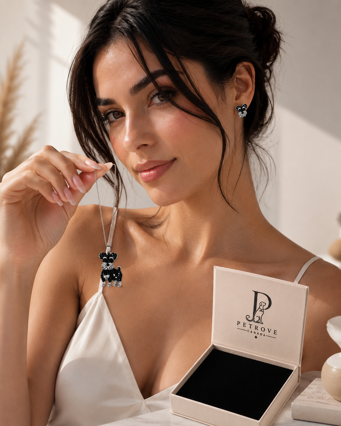 Schnauzer Necklace & Earring Set — Black Pavé Crystal Silver Memorial Jewelry | Pet Rove Canada