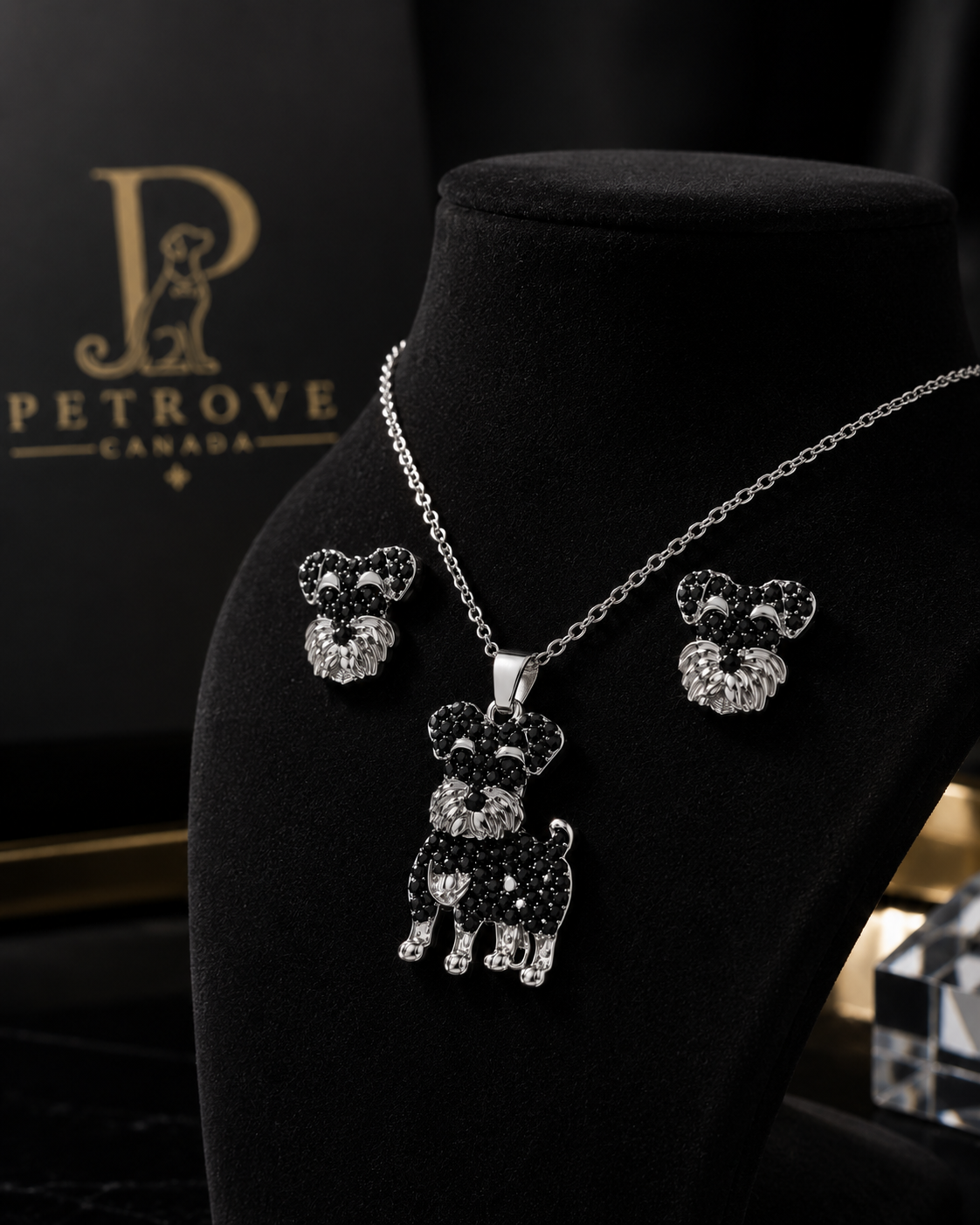 Schnauzer Necklace & Earring Set — Black Pavé Crystal Silver Memorial Jewelry | Pet Rove Canada